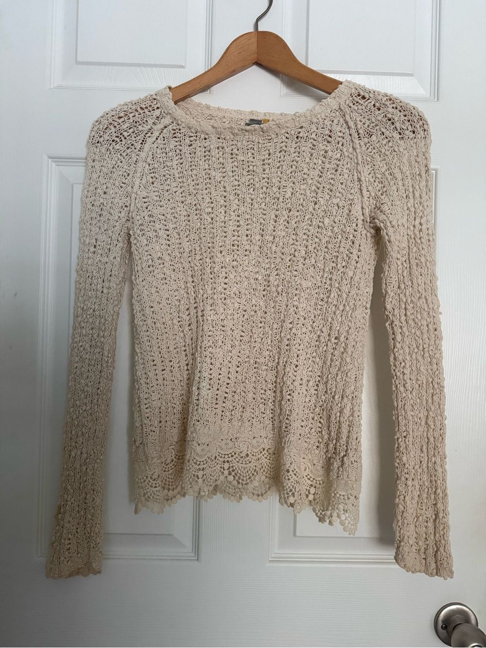 Anthropologie Knitted & Knotted S Cream Crochet Sweater Open Knit Cotton Boho To